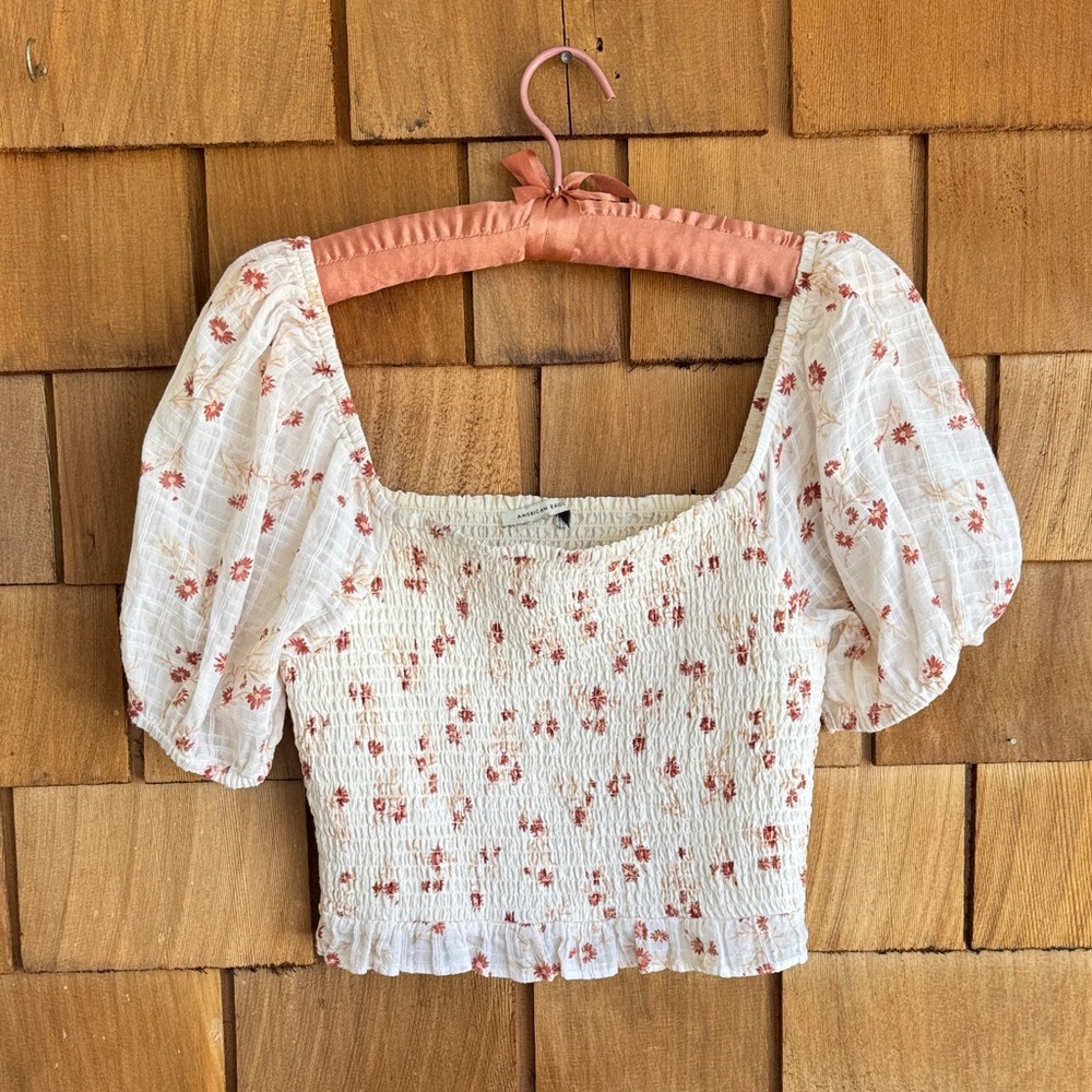 American Eagle Outfitters White Smocked Crop Top with Rust Floral